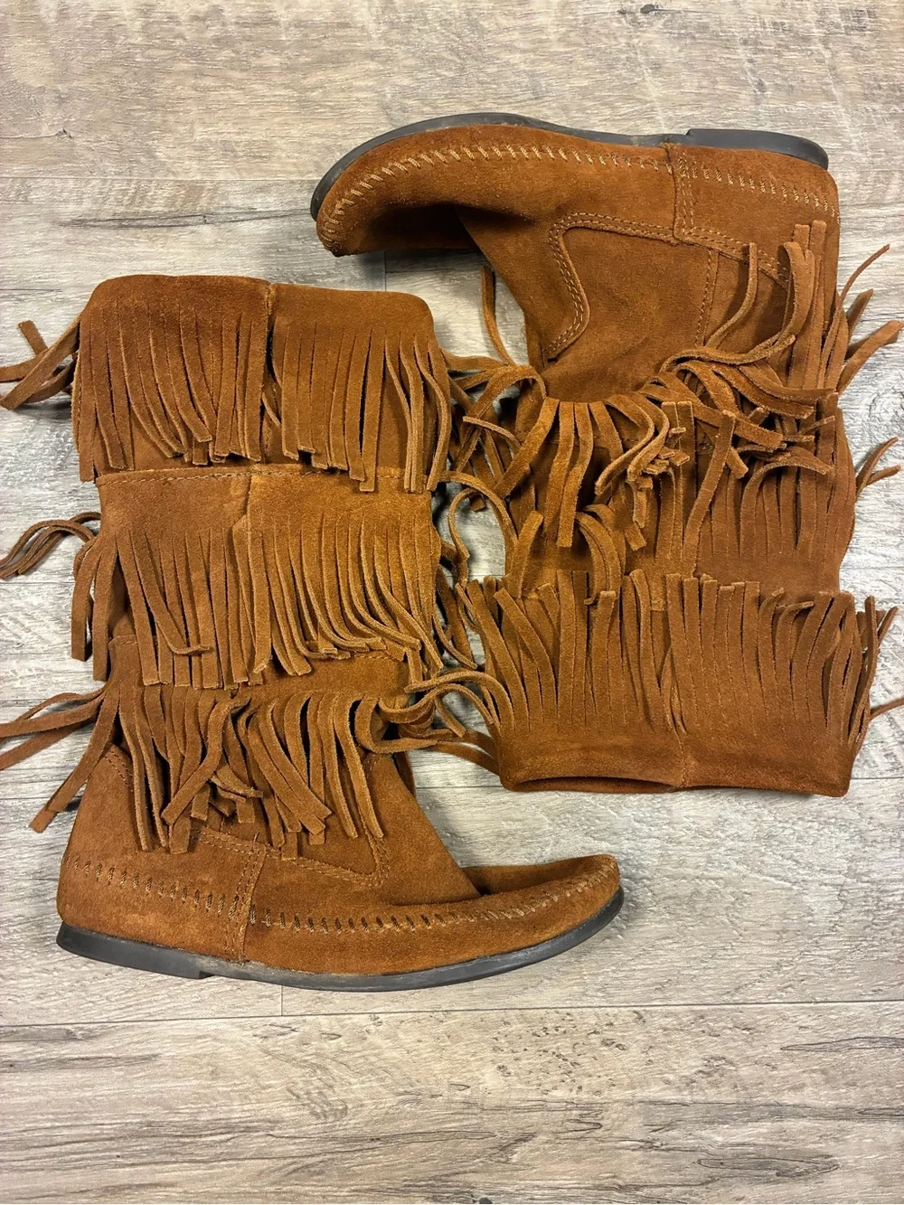 Minnetonka Three Fringe Suede Moccasin Pull On Western Boots Mid Calf